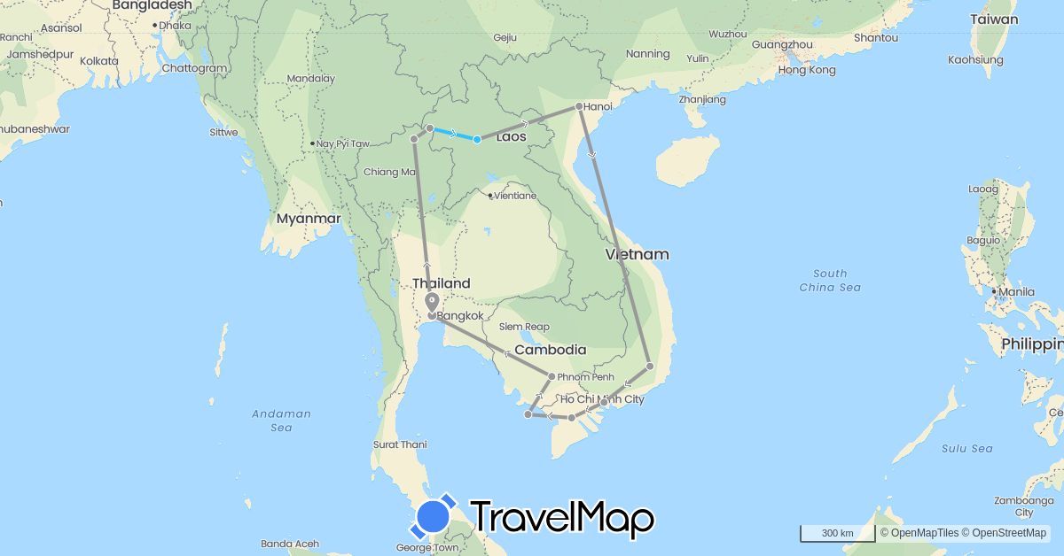 TravelMap itinerary: driving, plane, boat in Cambodia, Laos, Thailand, Vietnam (Asia)